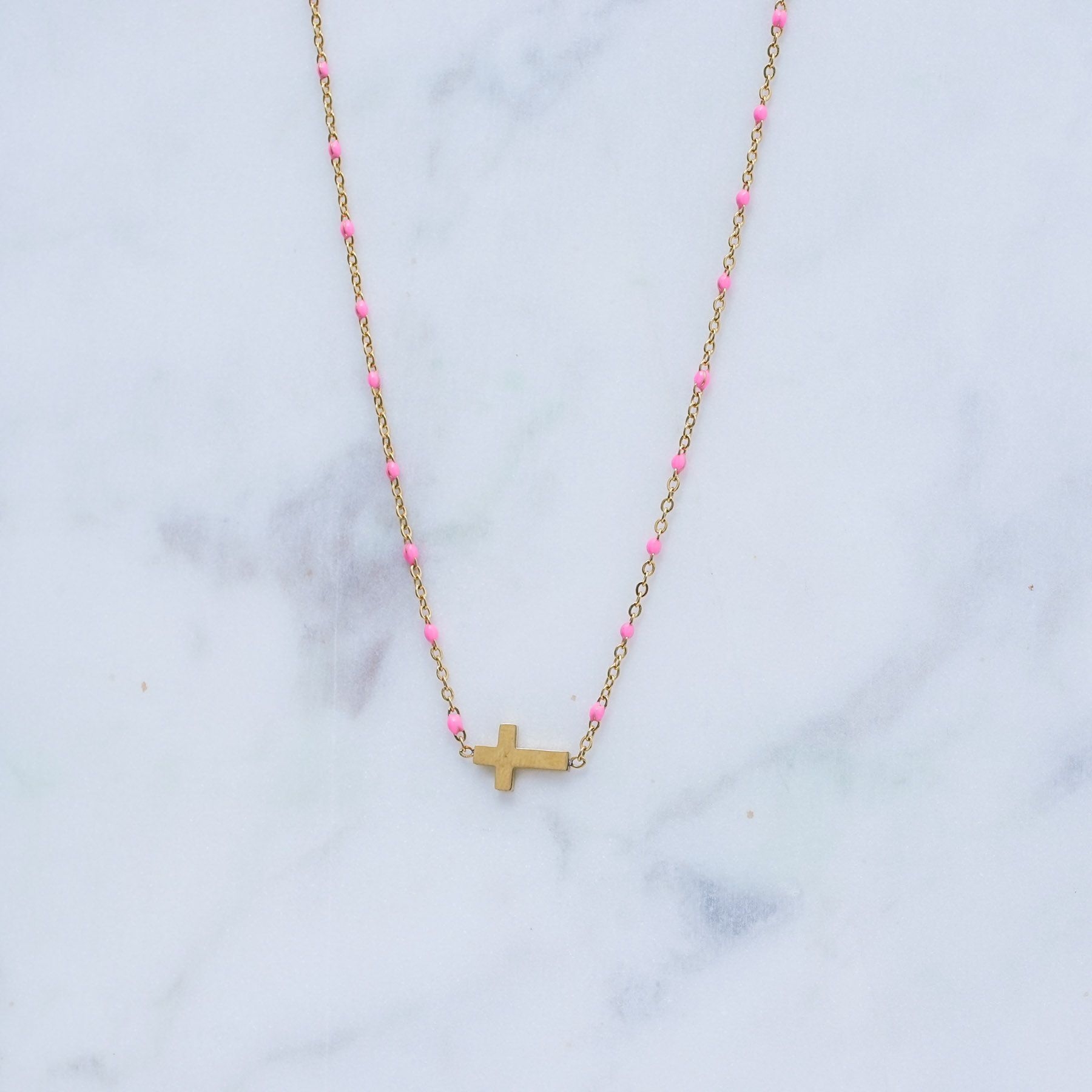 MELINA NECKLACE - GOLD  & PINK ' - ' CROSSES