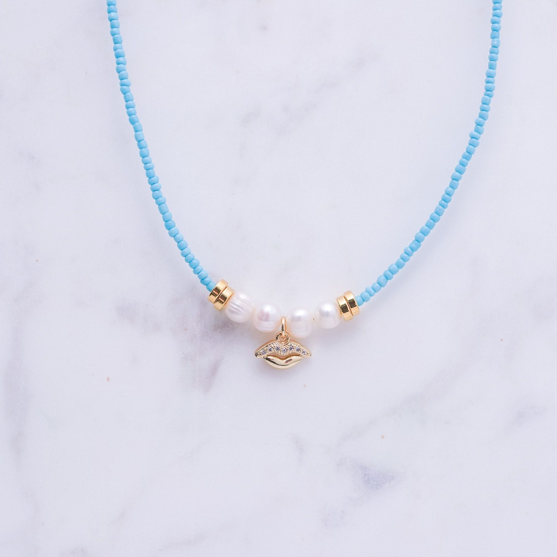 SALTY KISS NECKLACE - BLUE & GOLD ' - ' HANDMADE