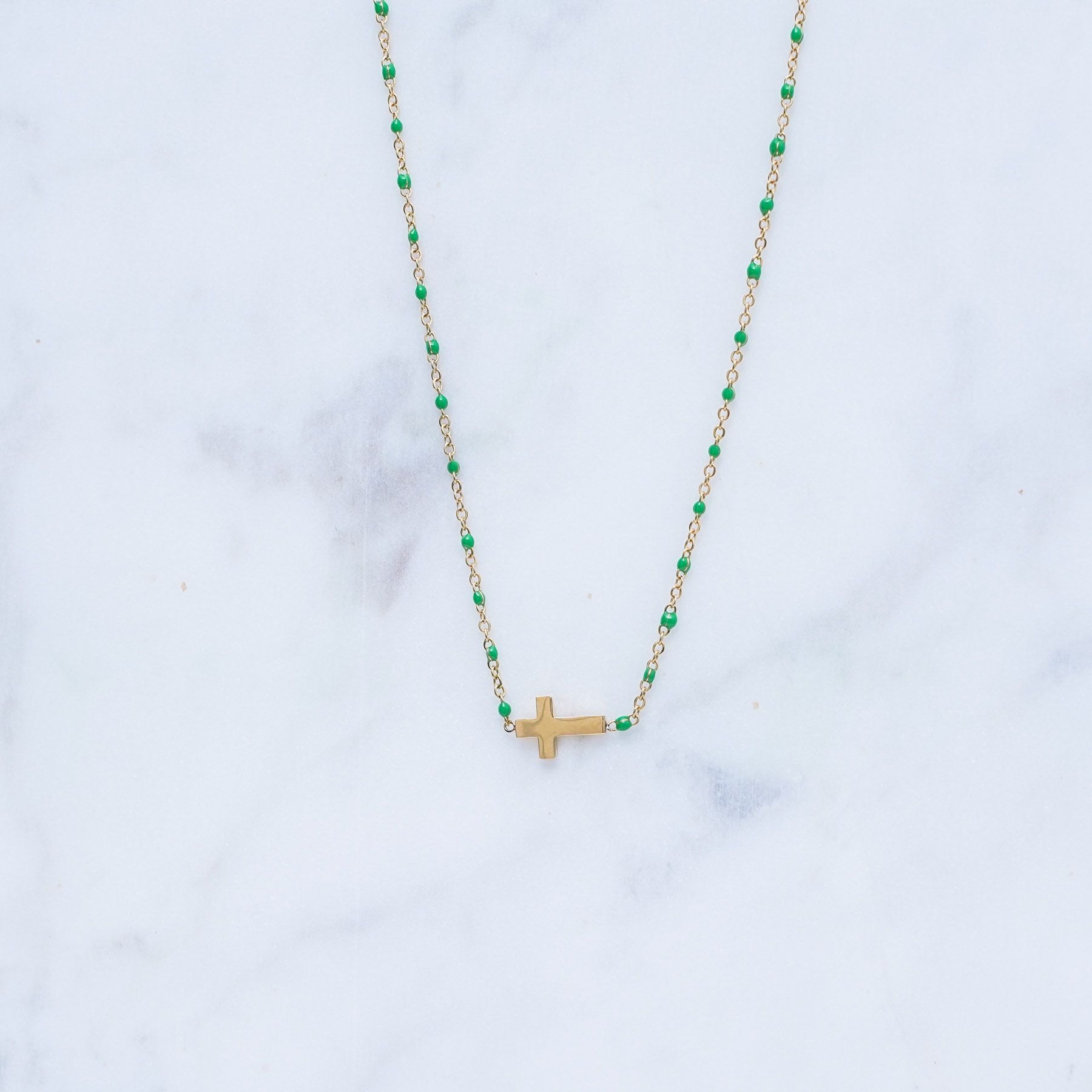 MELINA NECKLACE - GOLD  & GREEN ' - ' CROSSES