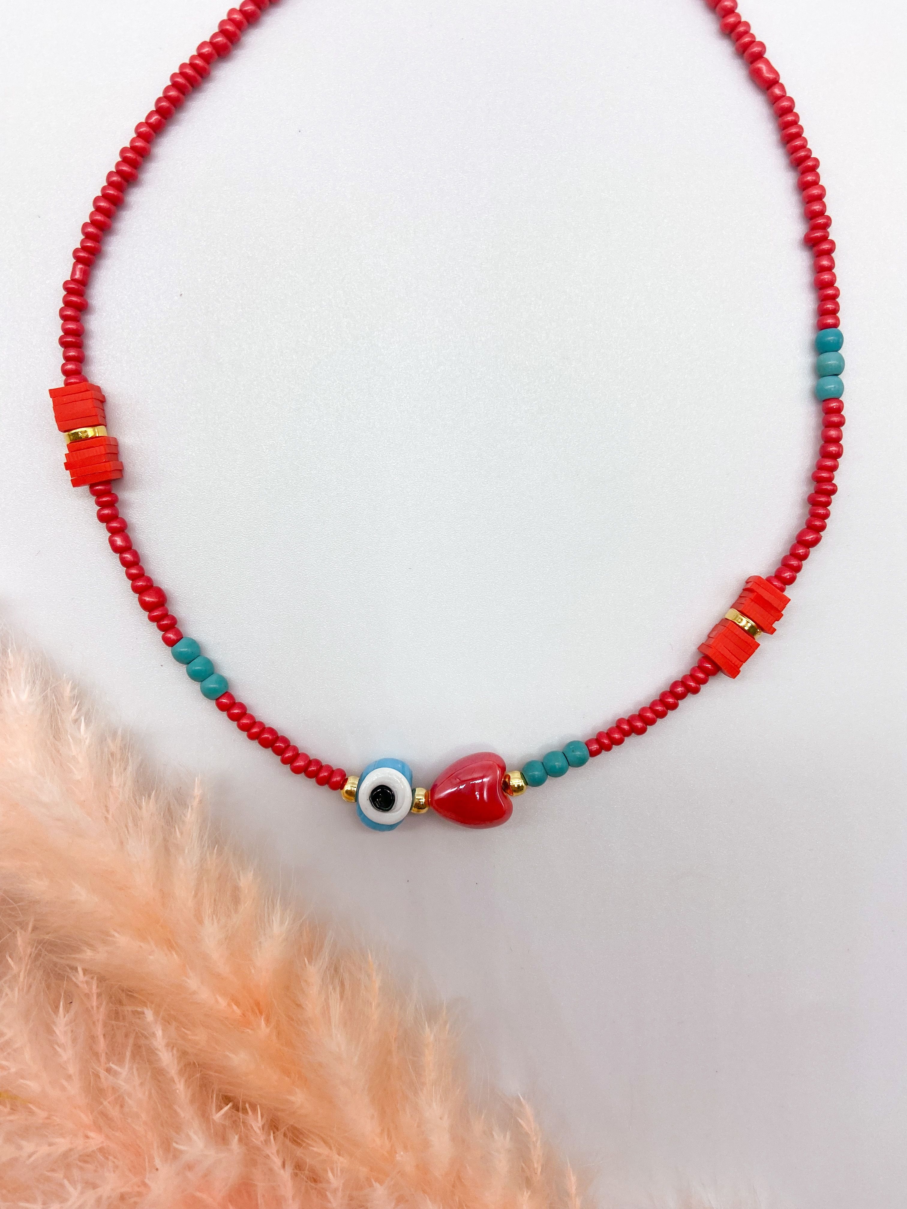 CUBA NECKLACE - RED & TURQUOISE  ' - ' ΜΕ ΧΑΝΤΡΕΣ