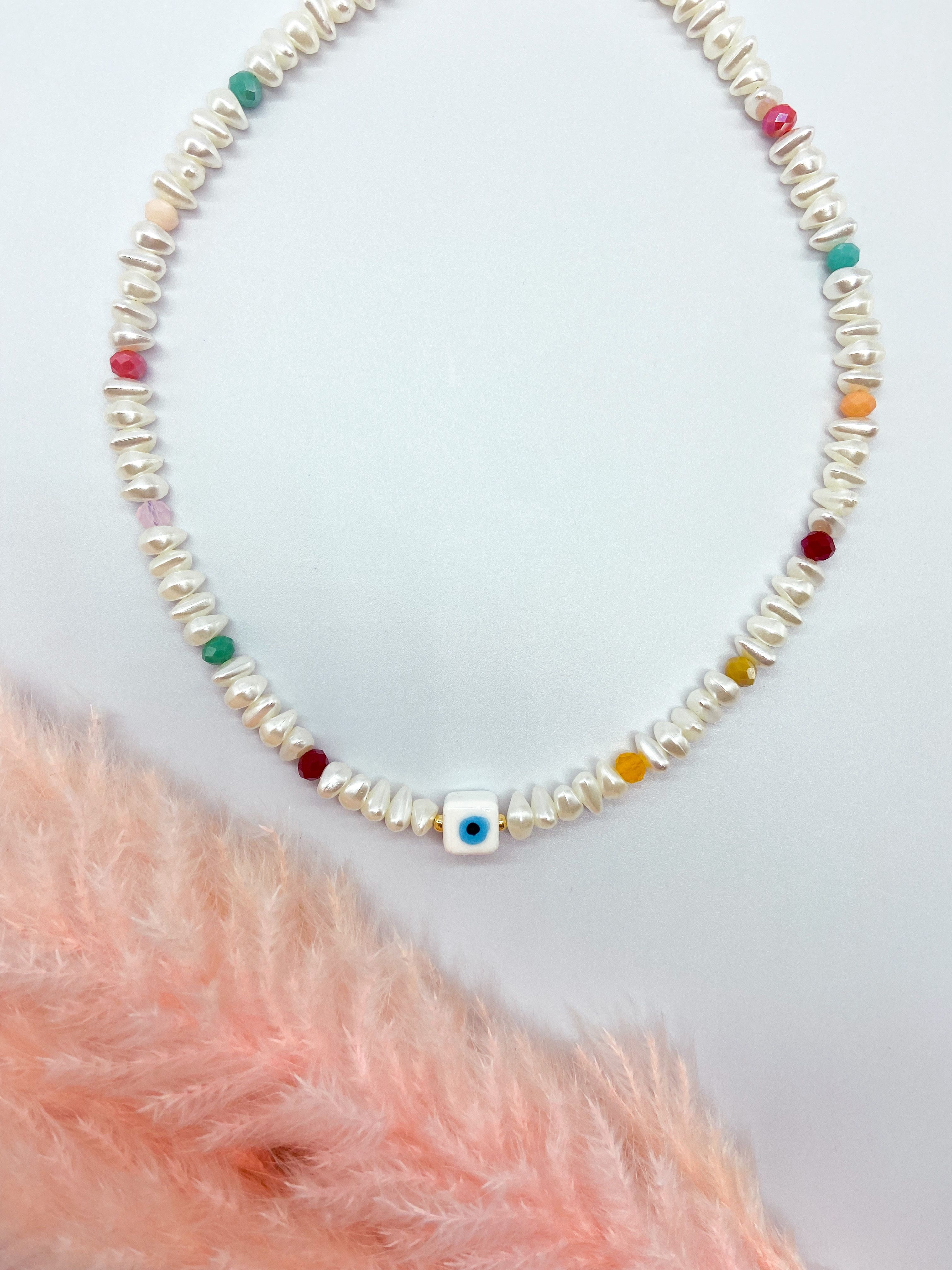 FLORES NECKLACE - COLOURFUL WHITE  ' - ' ΜΕ ΧΑΝΤΡΕΣ